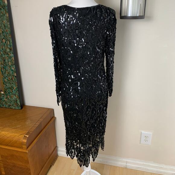 Vintage Sweet Love Black Silk Beaded Sequin Dress Sheer Sleeves L Whimsy Goth - Picture 9 of 12